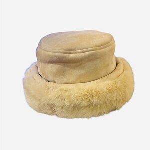 Betmar New York Tan Faux Suede Winter Hat Faux Fur Trim One Size